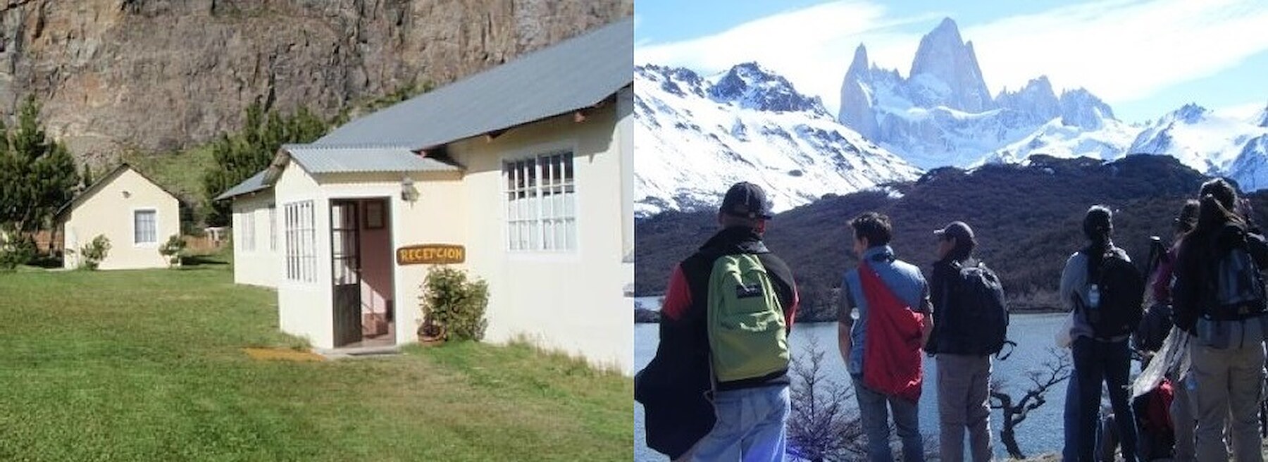 Frente del Hotel Piedras Blancas en El Chaltén y dos caminantes ante los cerros nevados